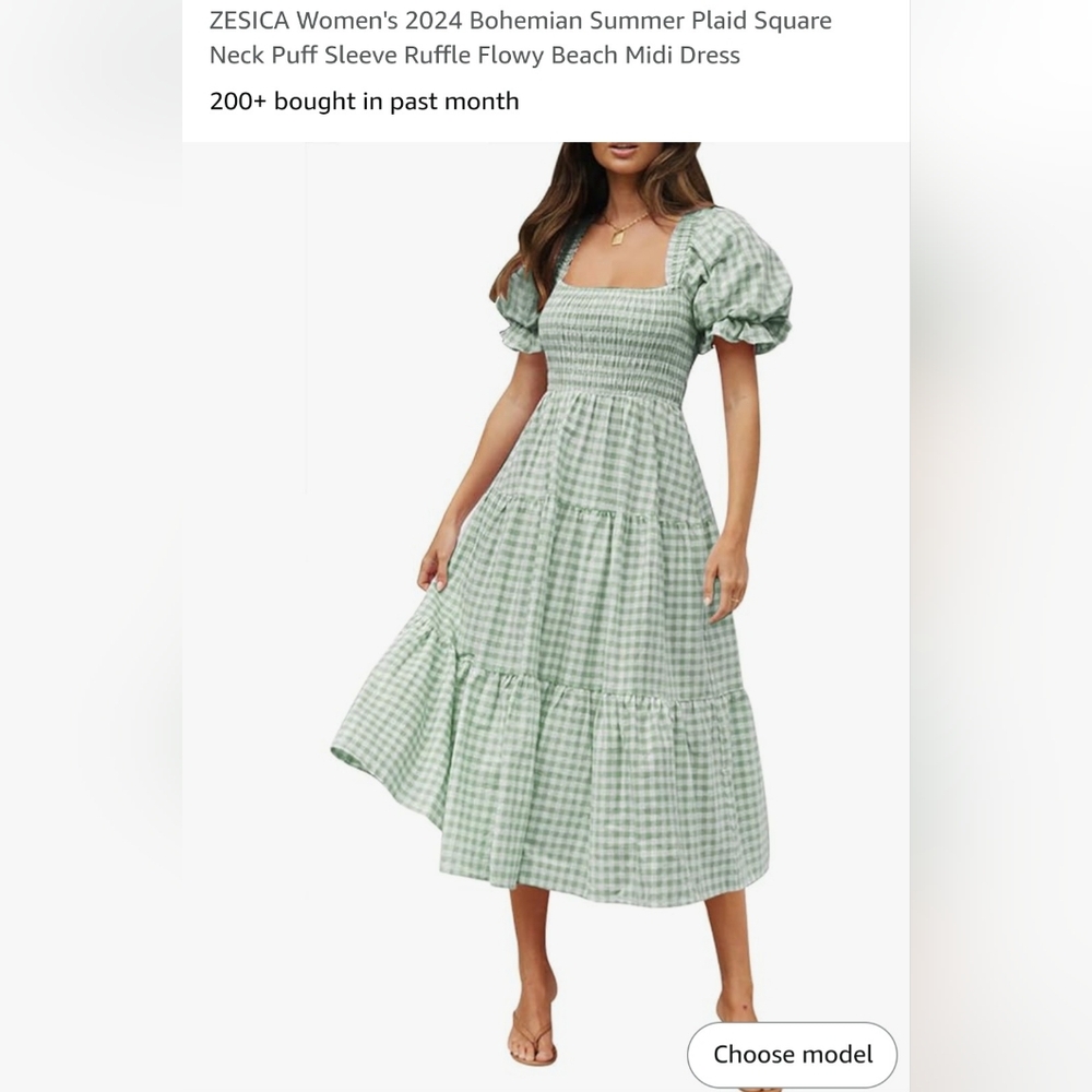 ZESICA Green Gingham Puff Sleeve Midi Dress